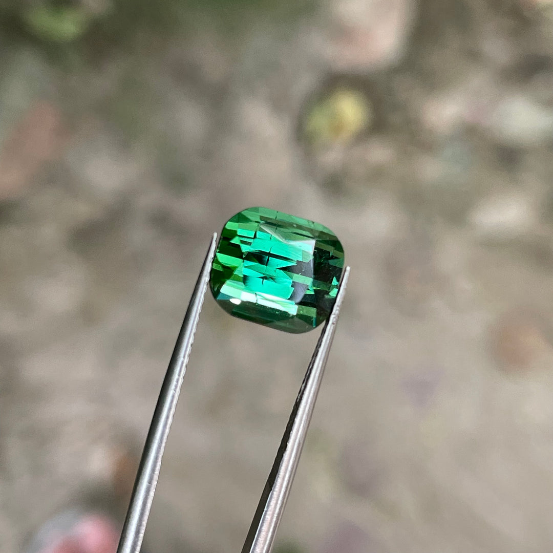 Natural Blue-Green Tourmaline — Step Cushion Cut Faceted Gem, Ring Sized