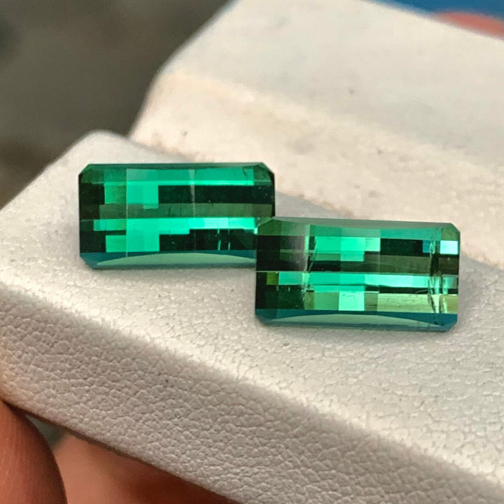 3.25 Carats Each Faceted Bluish Green Pixel Cut Tourmaline Pair