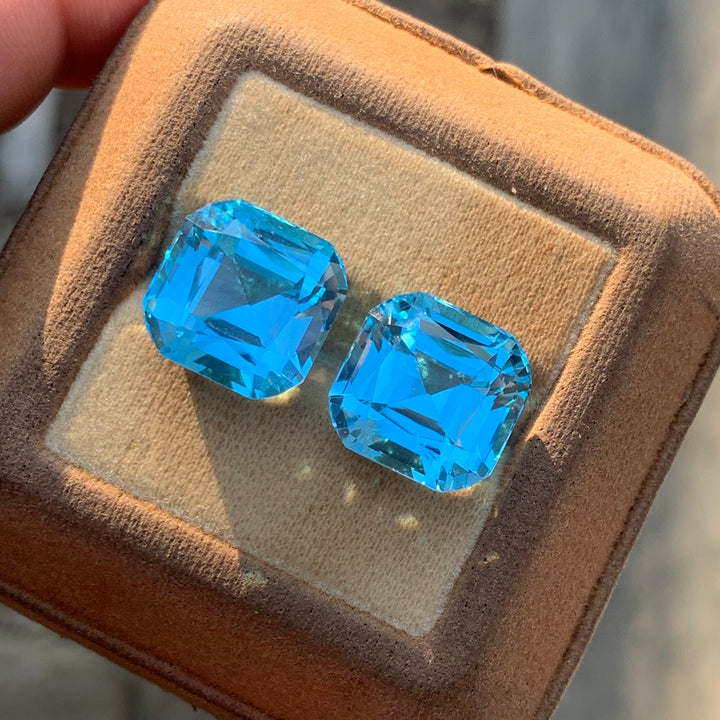 Cushion Cut Blue Gems Pair | Loose Topaz Pair for earrings | 14.3 x 14.3 x 11 mm