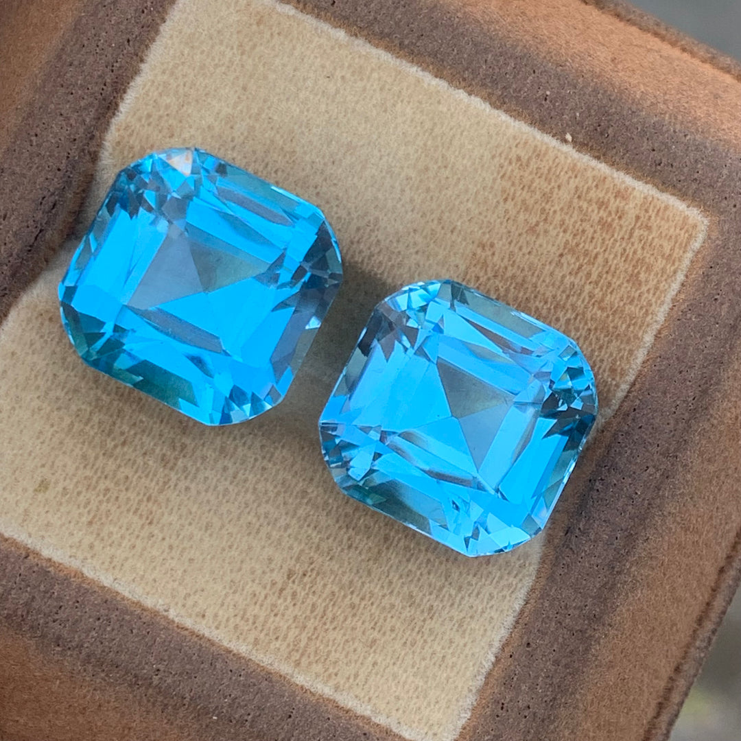 Cushion Cut Blue Gems Pair | Loose Topaz Pair for earrings | 14.3 x 14.3 x 11 mm