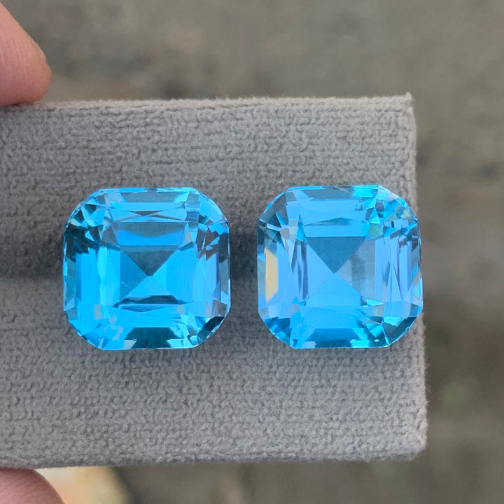 Cushion Cut Blue Gems Pair | Loose Topaz Pair for earrings | 14.3 x 14.3 x 11 mm