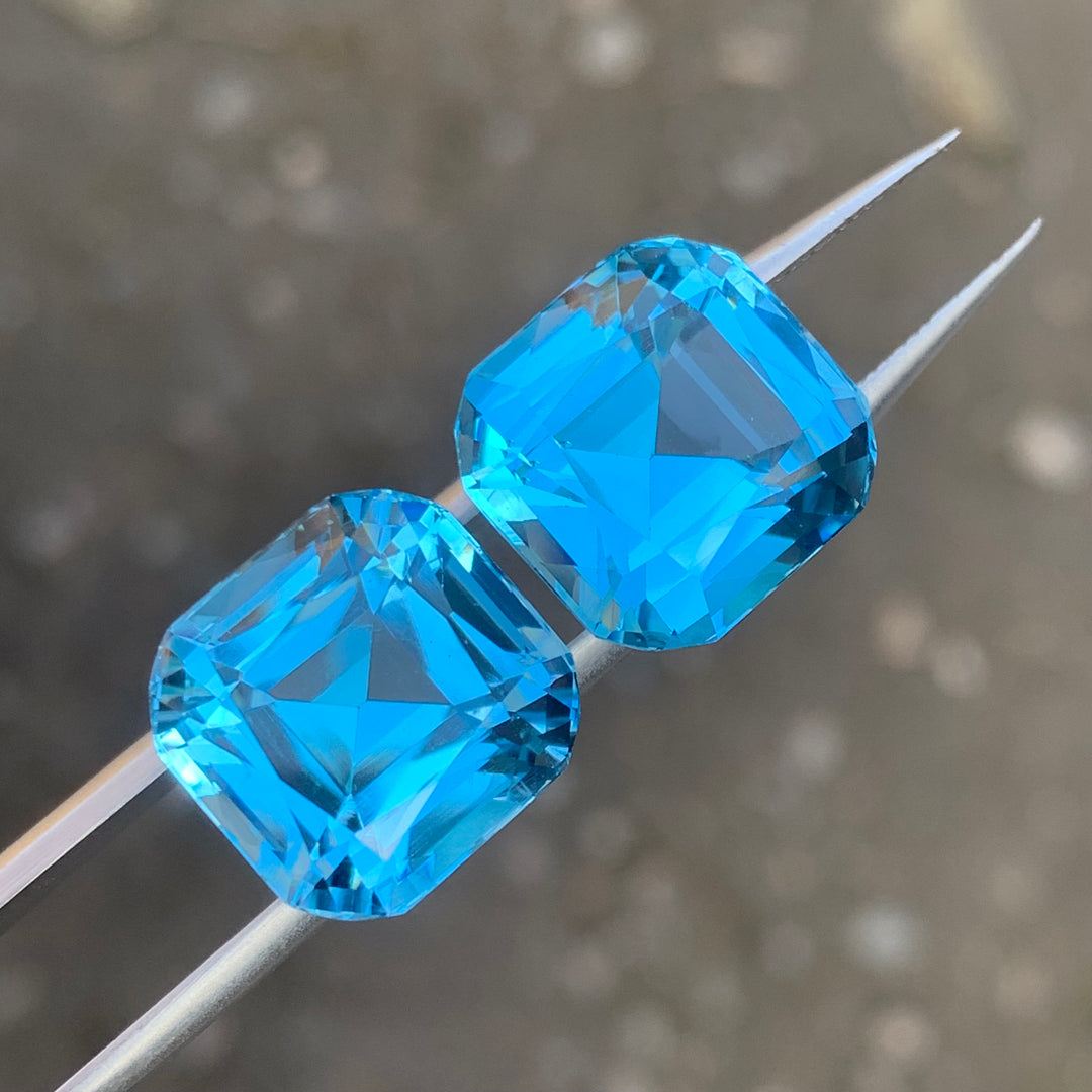 Cushion Cut Blue Gems Pair | Loose Topaz Pair for earrings | 14.3 x 14.3 x 11 mm