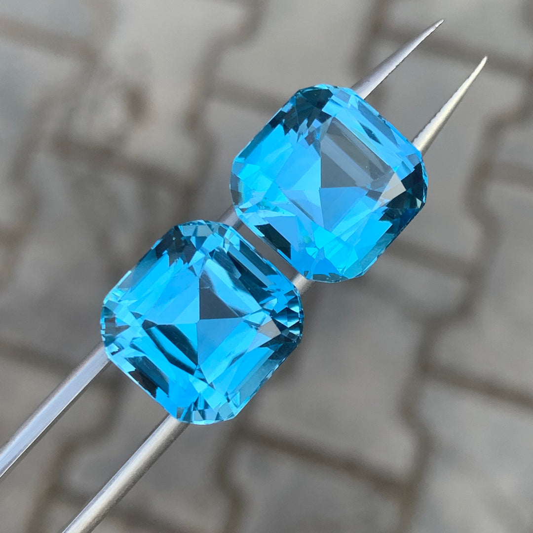 Cushion Cut Blue Gems Pair | Loose Topaz Pair for earrings | 14.3 x 14.3 x 11 mm