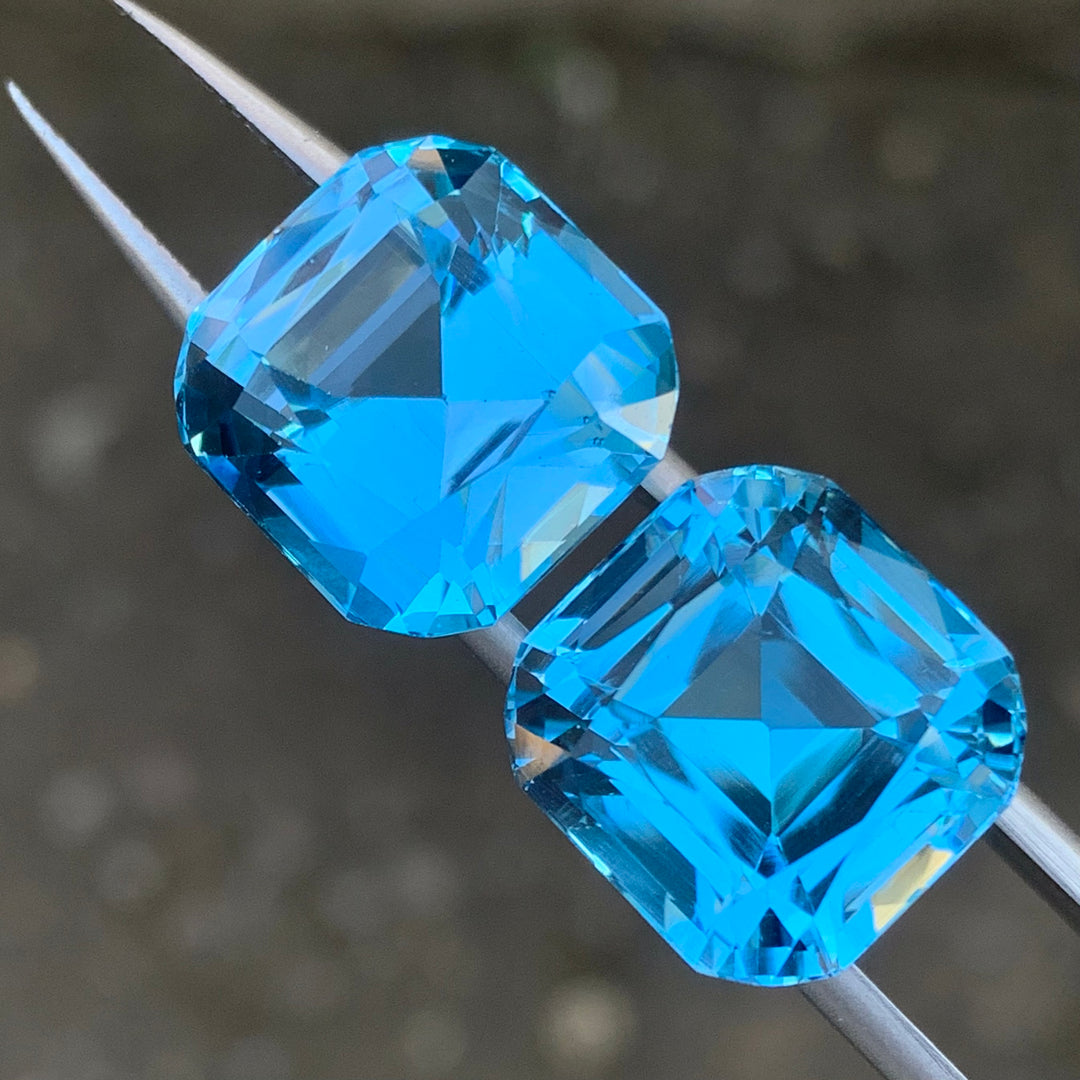 Cushion Cut Blue Gems Pair | Loose Topaz Pair for earrings | 14.3 x 14.3 x 11 mm