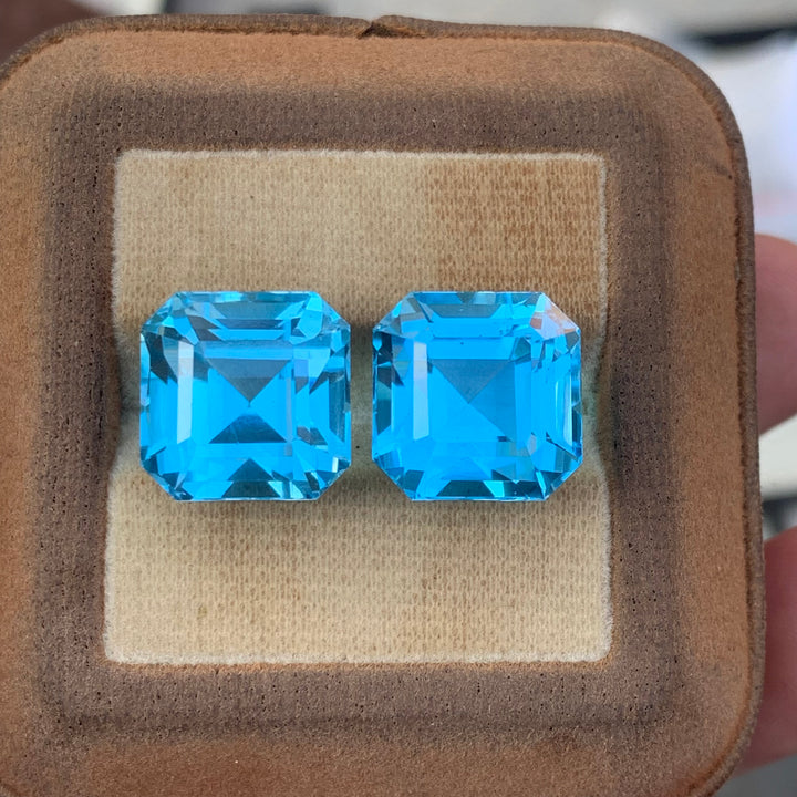 Asscher Cut Blue Topaz Pair for Earrings 46 Carats