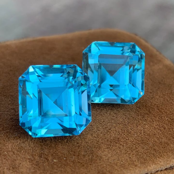 Asscher Cut Blue Topaz Pair for Earrings 46 Carats