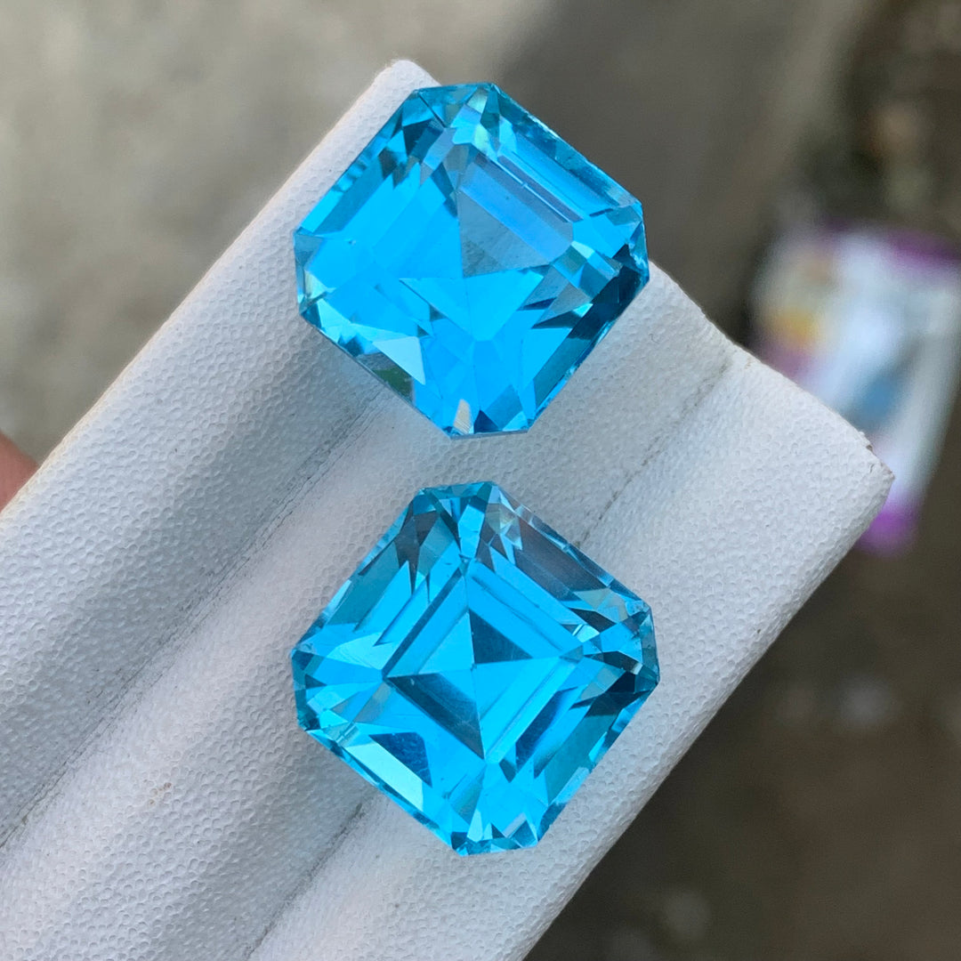 Asscher Cut Blue Topaz Pair for Earrings 46 Carats