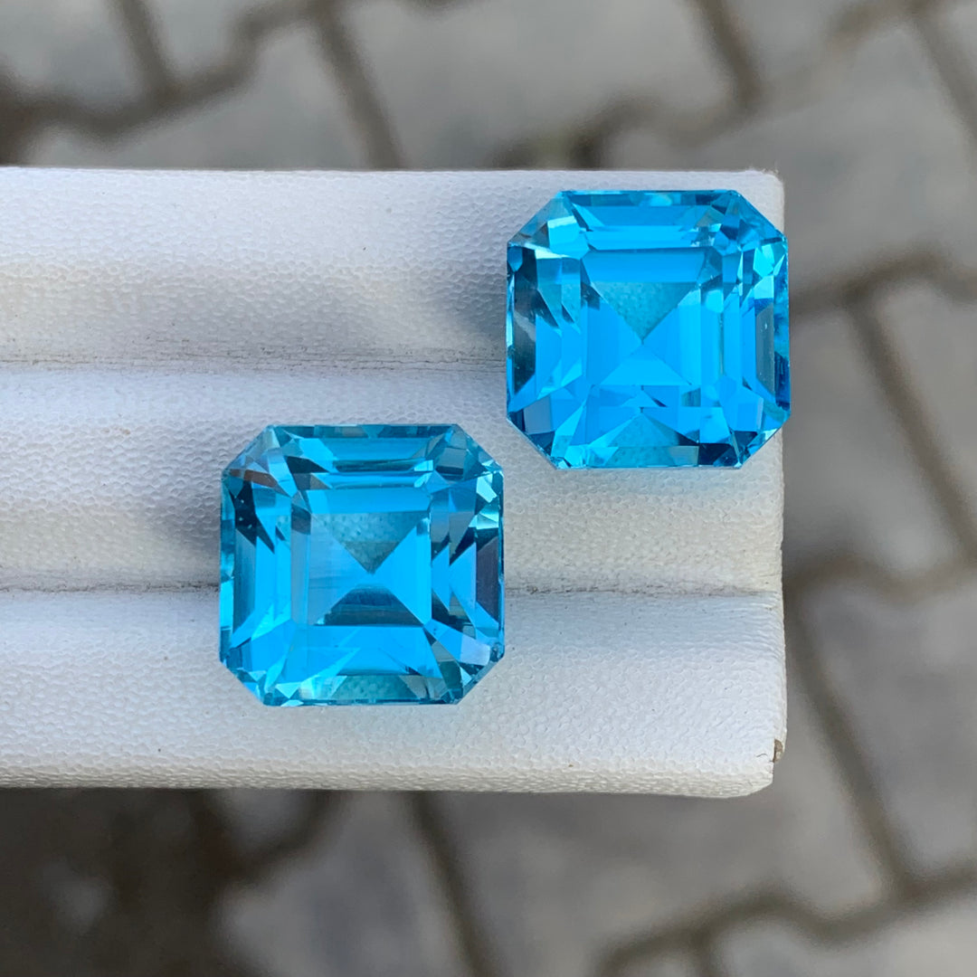 Asscher Cut Blue Topaz Pair for Earrings 46 Carats