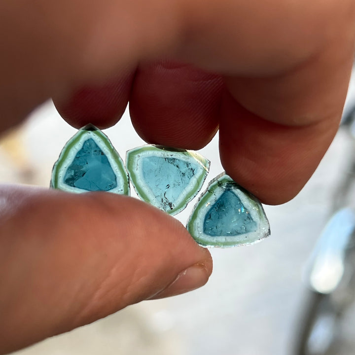Natural Blue Tourmaline Slices Set of 3 – Blue & Green Bicolor with Raw Edges for Earrings