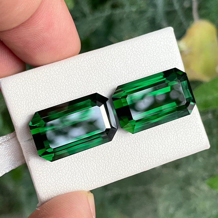 Pair of Chrome Green Tourmalines – 18.5 Carat Each, Emerald Cut, Loupe Clean, Natural from Afghanistan