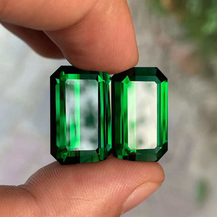 Pair of Chrome Green Tourmalines – 18.5 Carat Each, Emerald Cut, Loupe Clean, Natural from Afghanistan