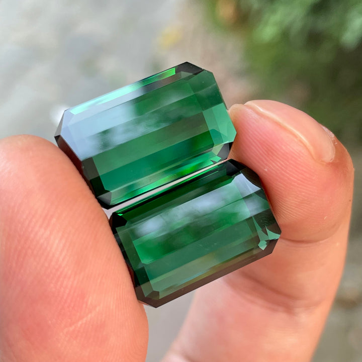 Pair of Chrome Green Tourmalines – 18.5 Carat Each, Emerald Cut, Loupe Clean, Natural from Afghanistan