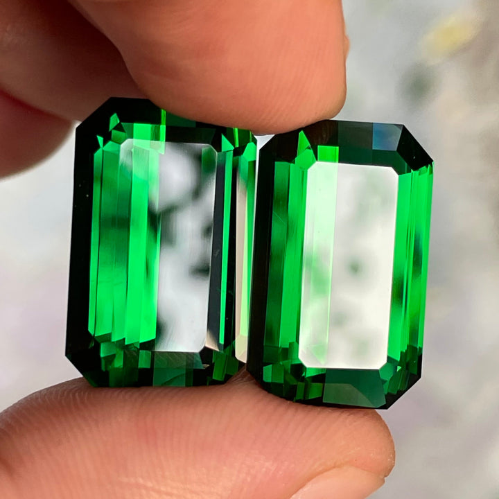 Pair of Chrome Green Tourmalines – 18.5 Carat Each, Emerald Cut, Loupe Clean, Natural from Afghanistan