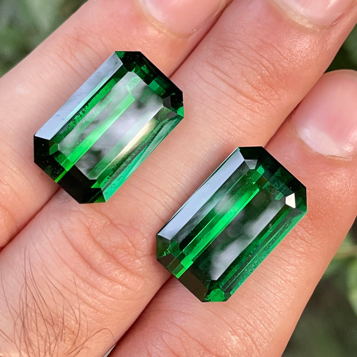 Pair of Chrome Green Tourmalines – 18.5 Carat Each, Emerald Cut, Loupe Clean, Natural from Afghanistan