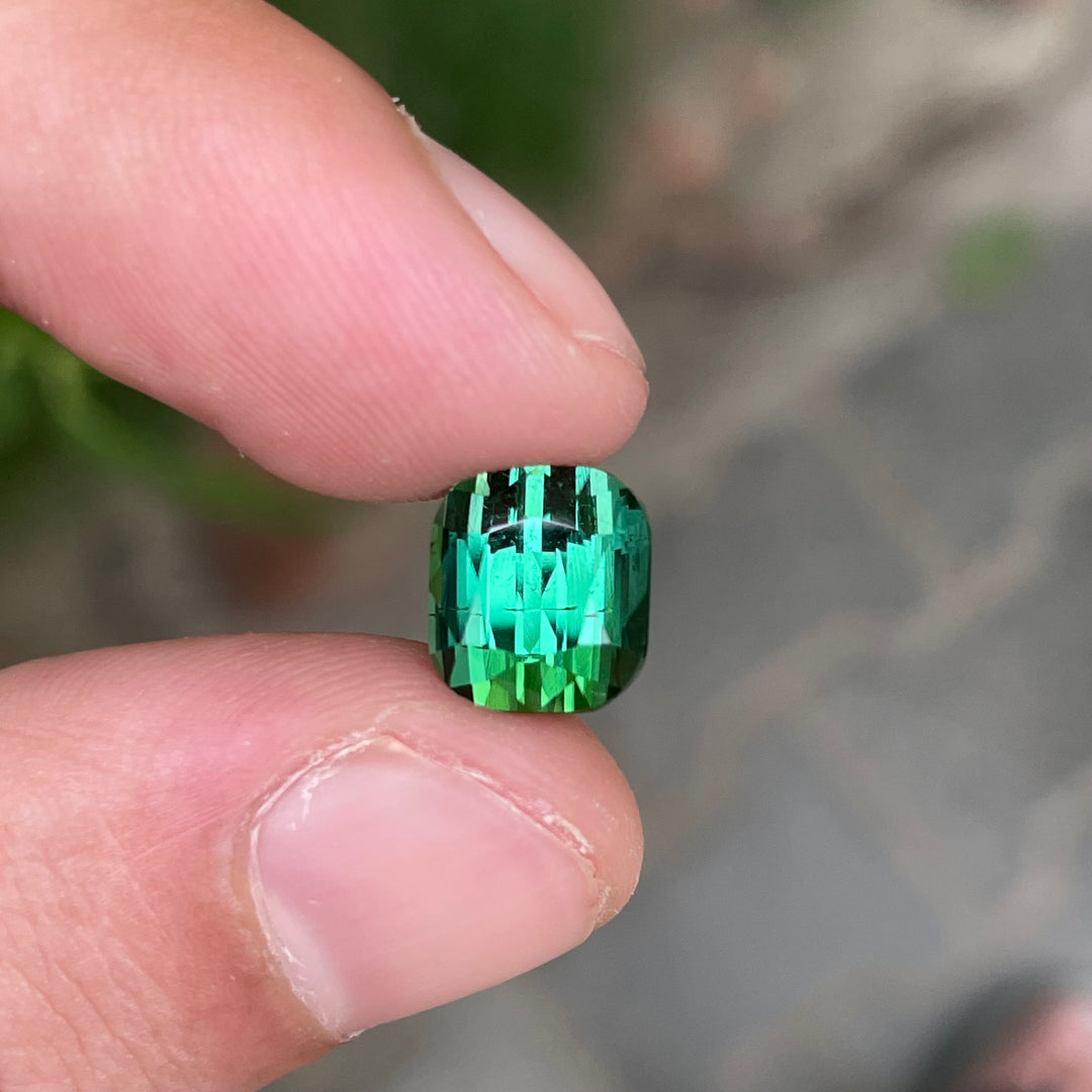 Natural Blue-Green Tourmaline — Step Cushion Cut Faceted Gem, Ring Sized