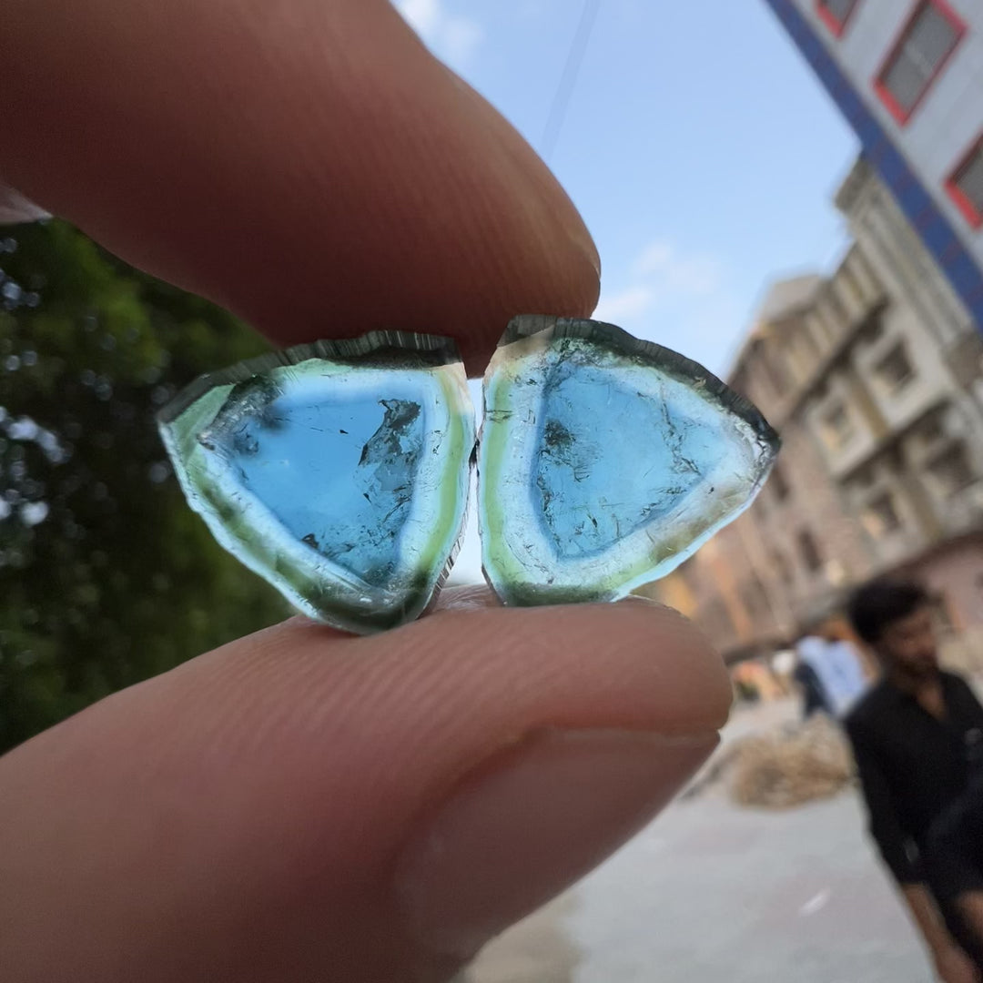 Natural Blue Tourmaline Slices Set of 3 – Blue & Green Bicolor with Raw Edges for Earrings