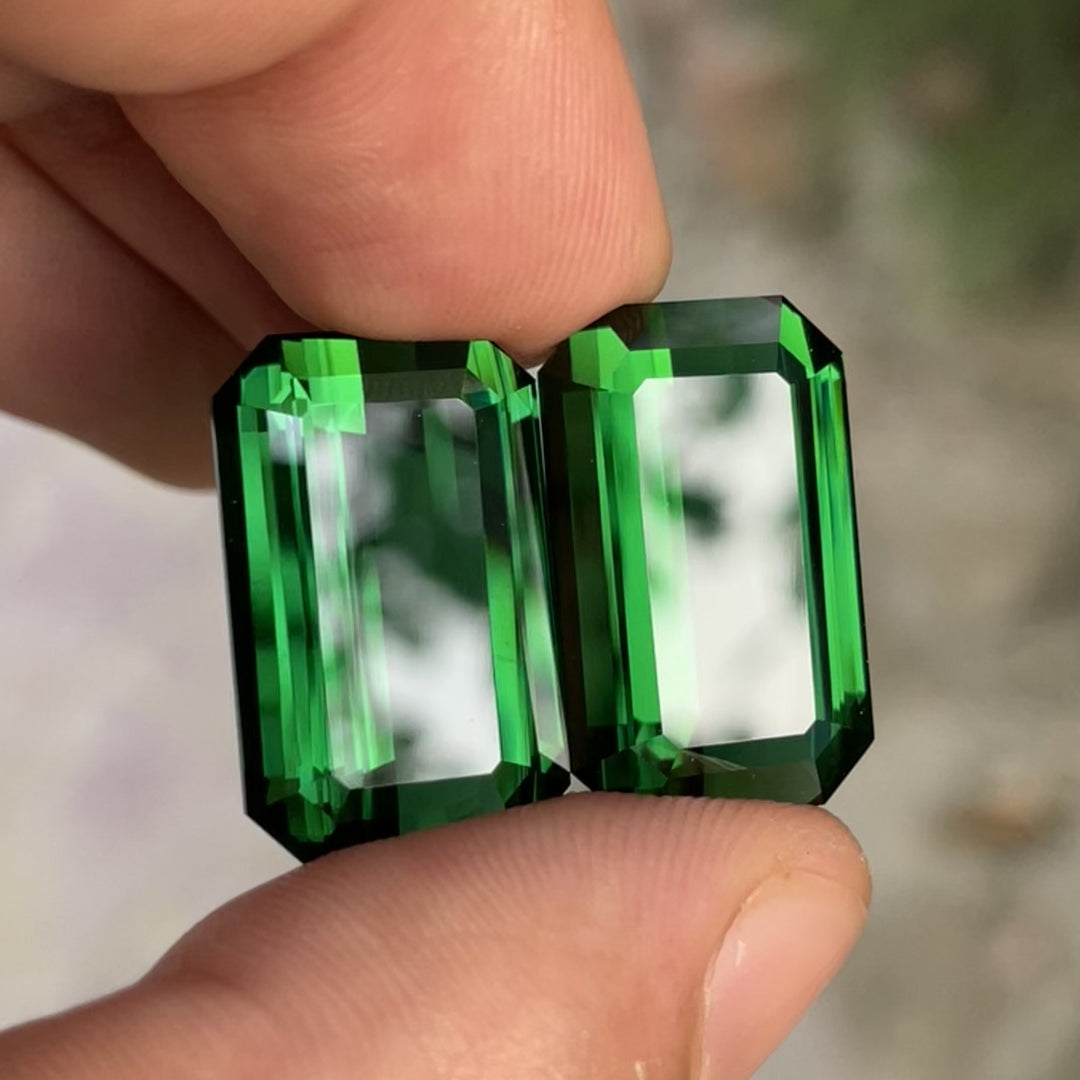 Pair of Chrome Green Tourmalines – 18.5 Carat Each, Emerald Cut, Loupe Clean, Natural from Afghanistan