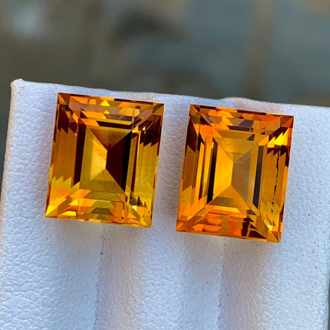 7.35 Carats Each Faceted Mandarin Citrine Pair