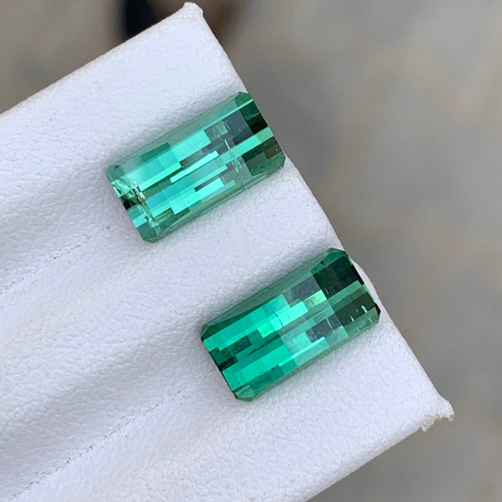 3.25 Carats Each Faceted Bluish Green Pixel Cut Tourmaline Pair