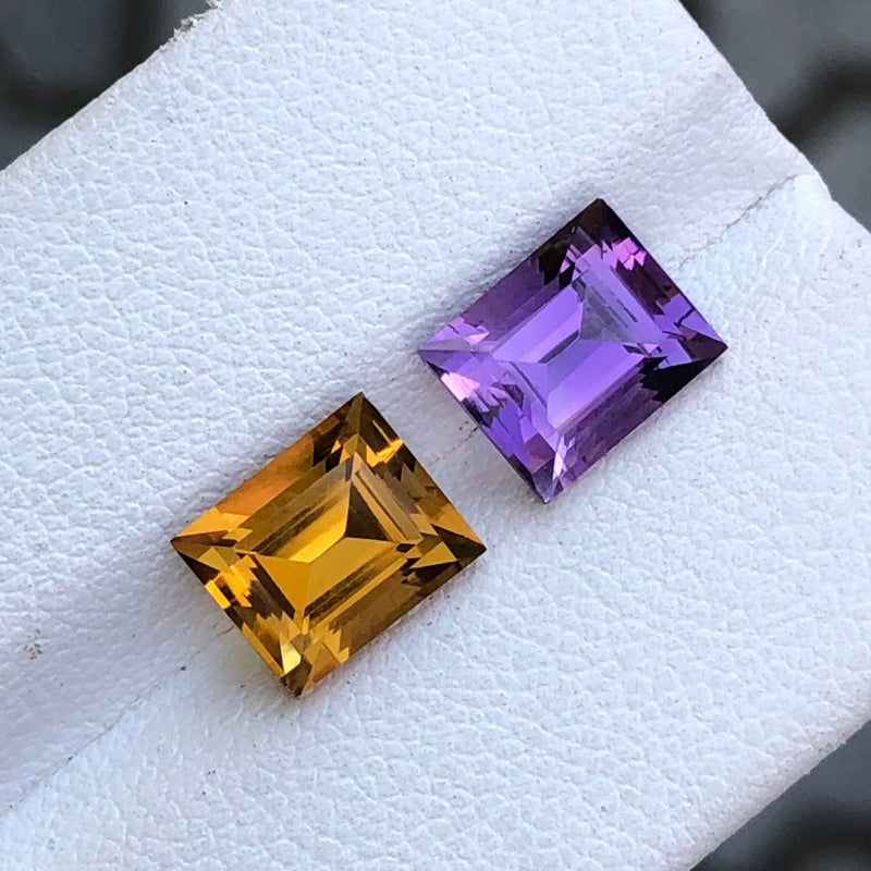 2.05 Carats Each Faceted Citrine And Amethyst Reverse Pair