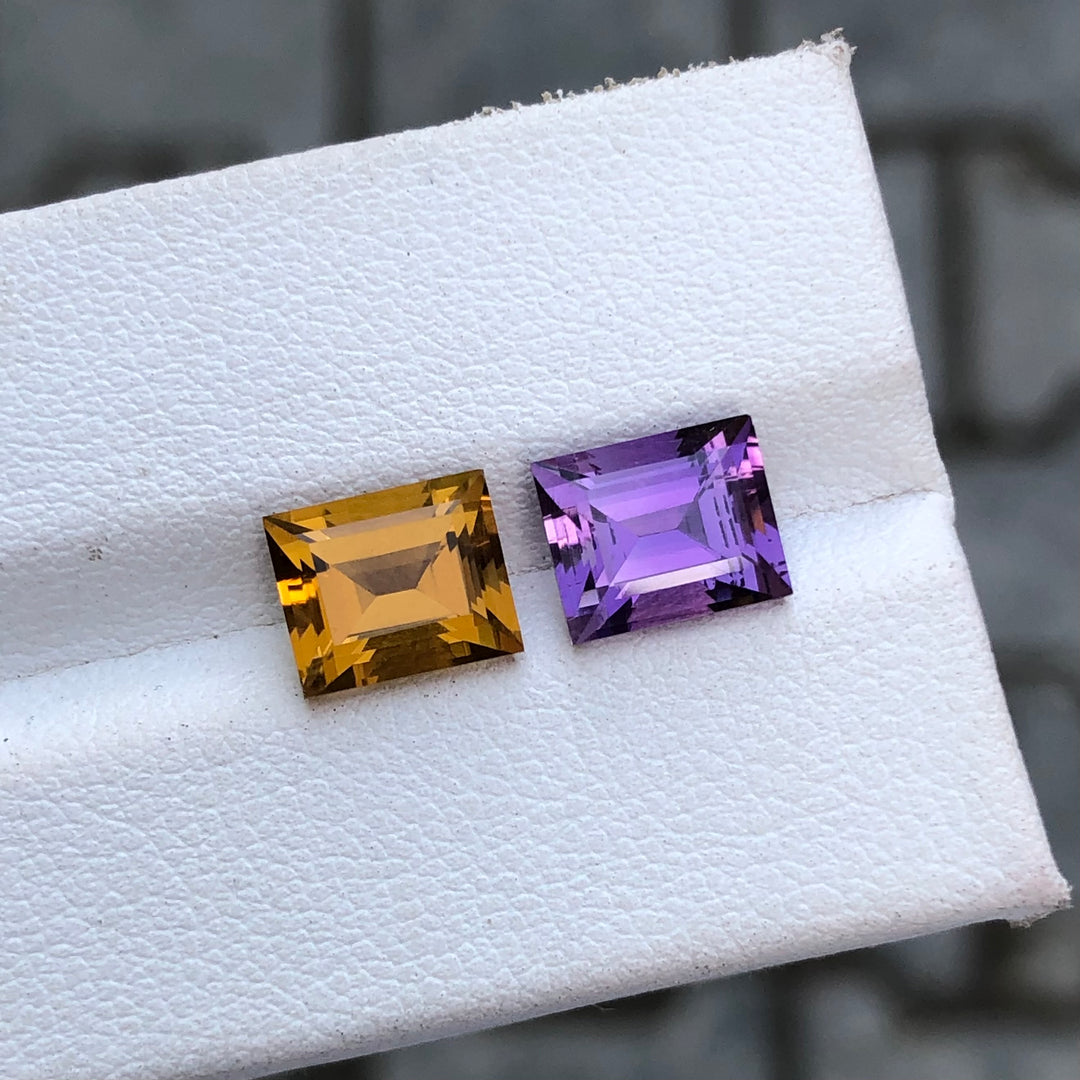 2.05 Carats Each Faceted Citrine And Amethyst Reverse Pair